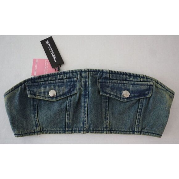 PrettyLittleThing Women Sz 6 Indigo Vintage Wash Denim Pocket Detail Bandeau Top - Picture 1 of 7
